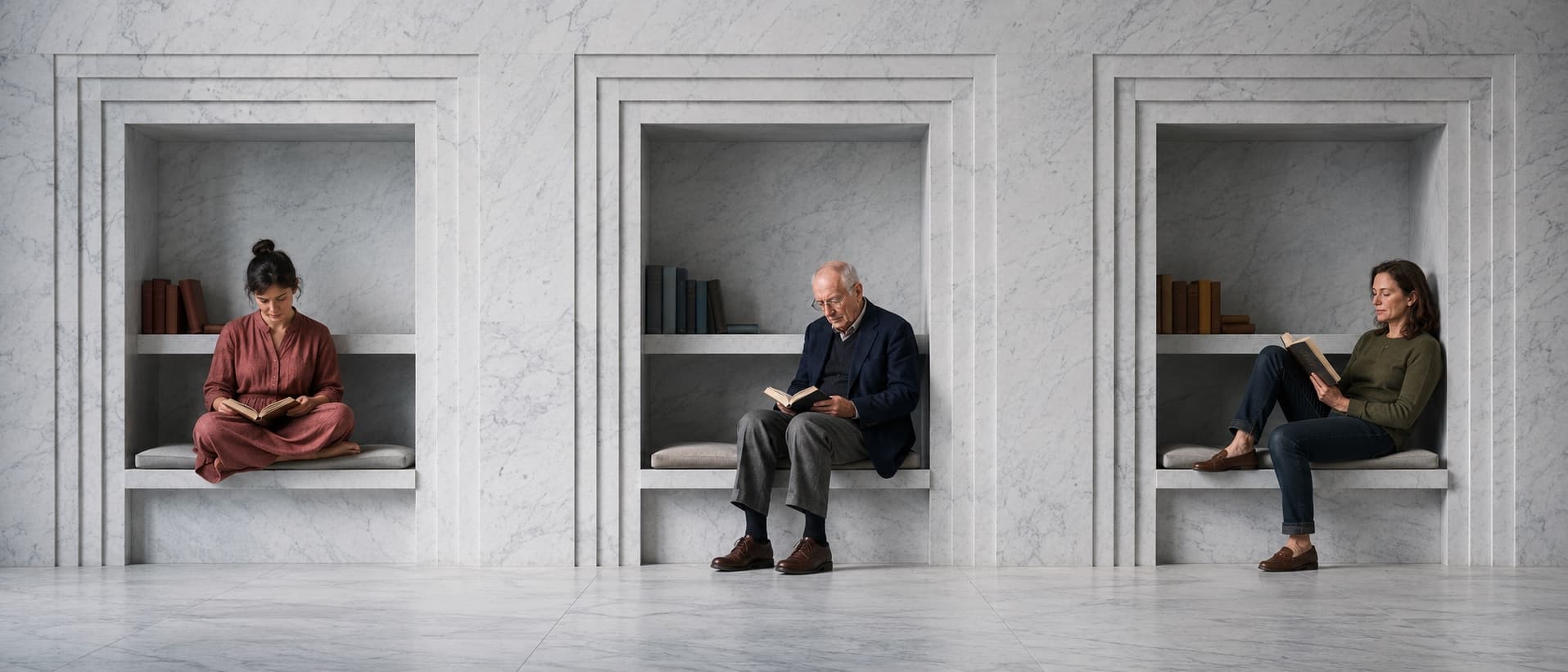 Three readers in marble reading alcoves